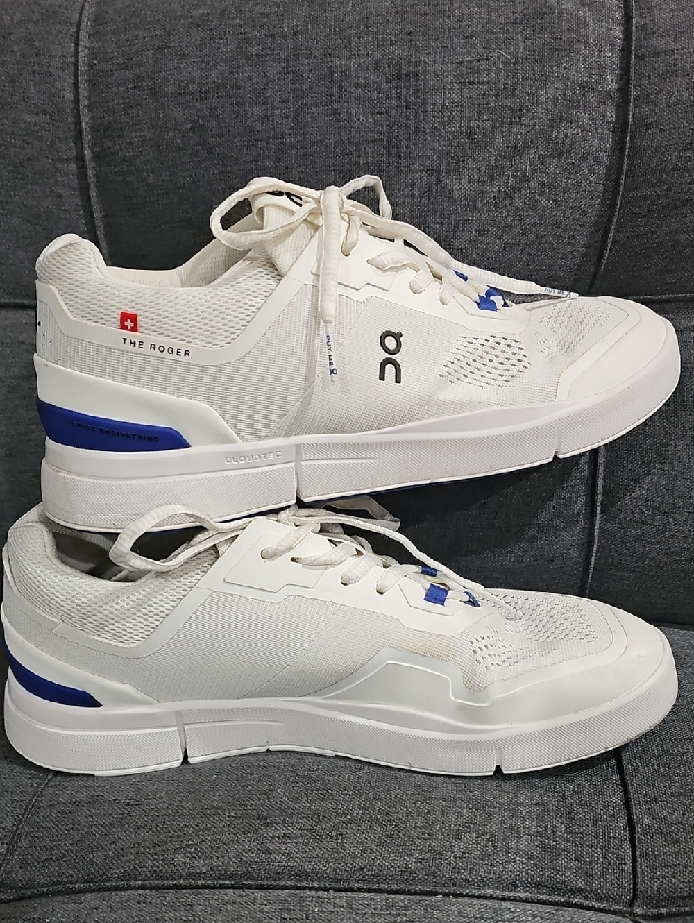 On Running White Sneakers with Blue Accents - The Roger Women's Trainers